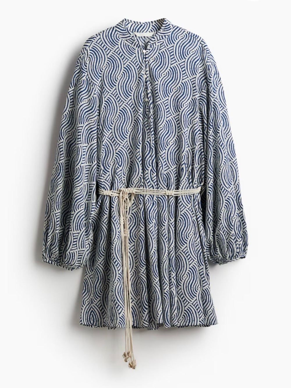 H&M Navy & White Wave-Print Tunic with Braided Tie